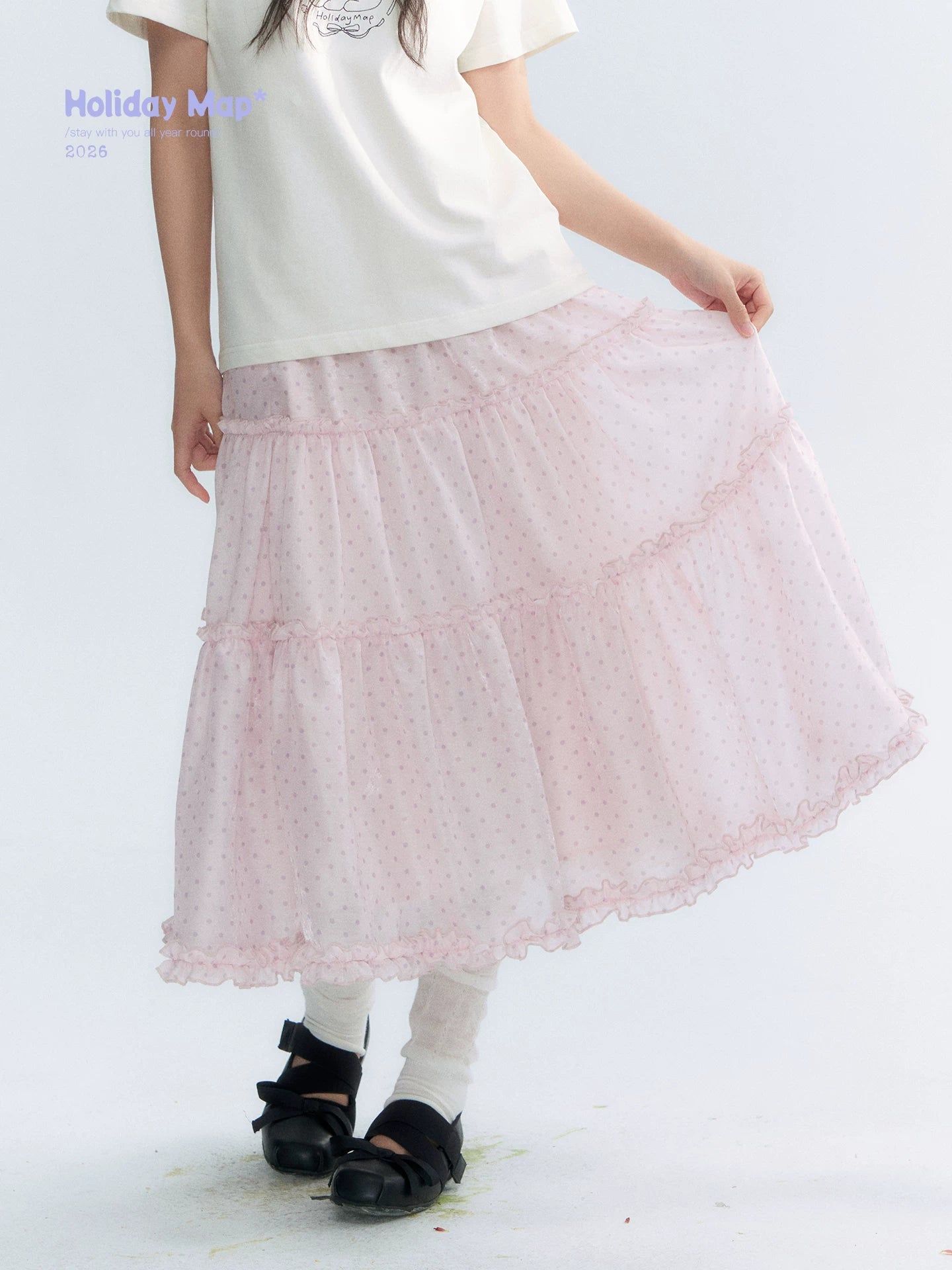 "Bubble Dream" Pink Lavender Polka Dot Tiered Midi Skirt