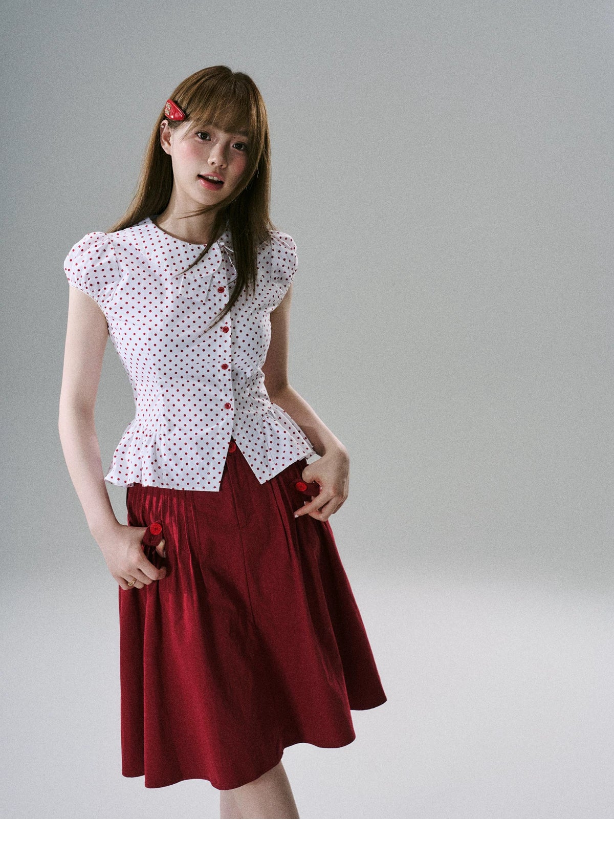 LOST FOREST - White & Red Polka Dot Asymmetrical Cotton Blouse