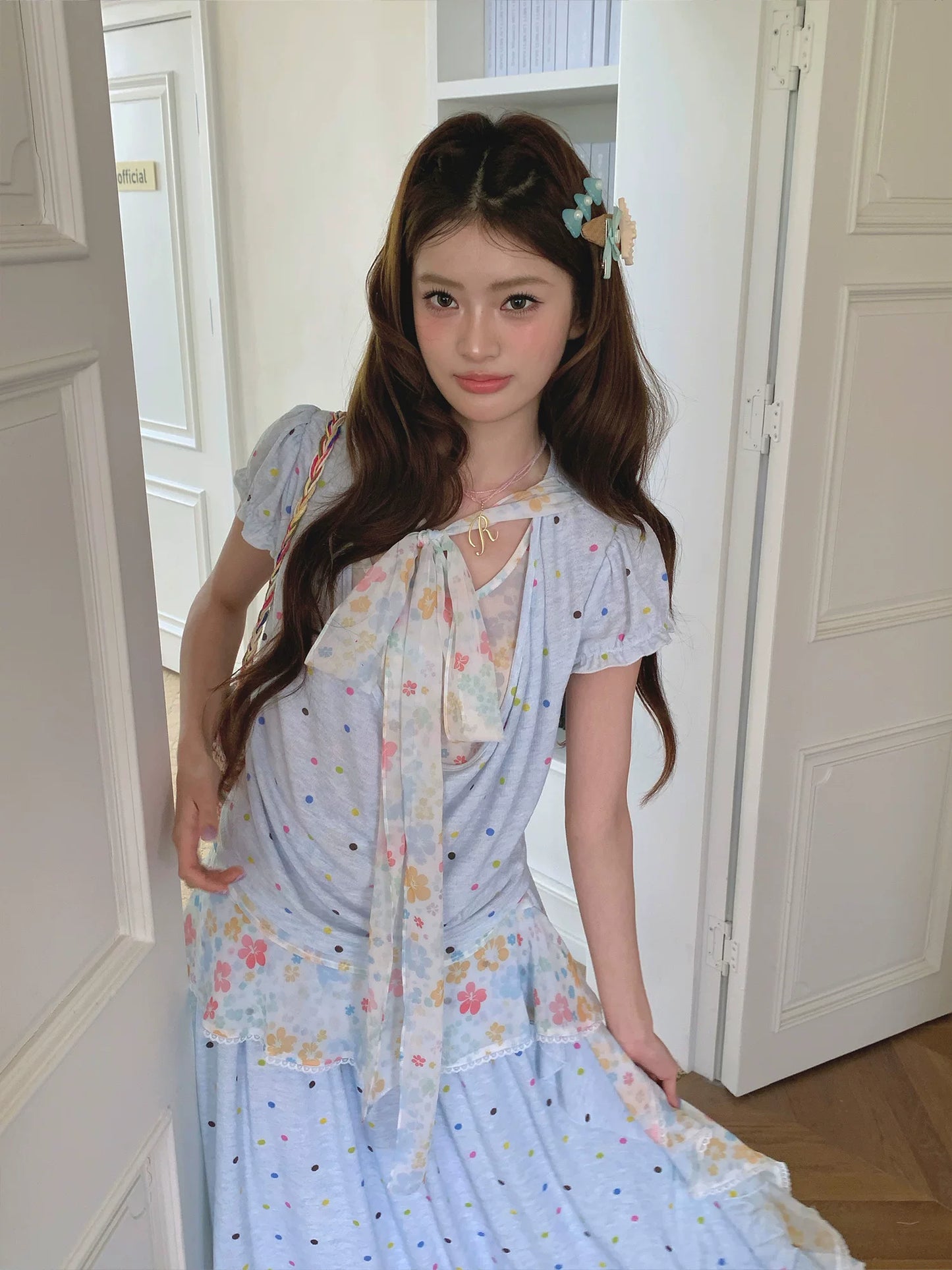 “Sea Salt Blossom Letter” Baby Blue Layered Skirt Set