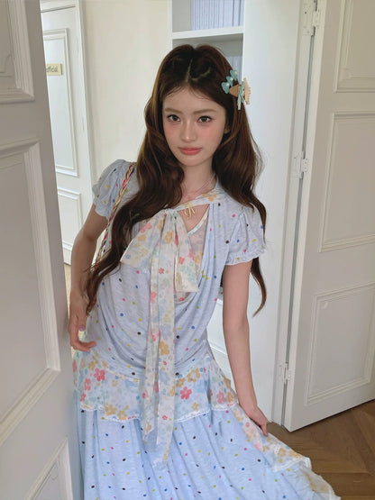 “Sea Salt Blossom Letter” Baby Blue Layered Skirt Set