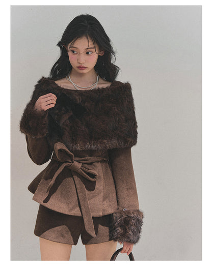 少也眼 “Drifting Through Her Dreams” – Winter Luxe Three-Piece Cape Set - Chestnut Brown 8746513