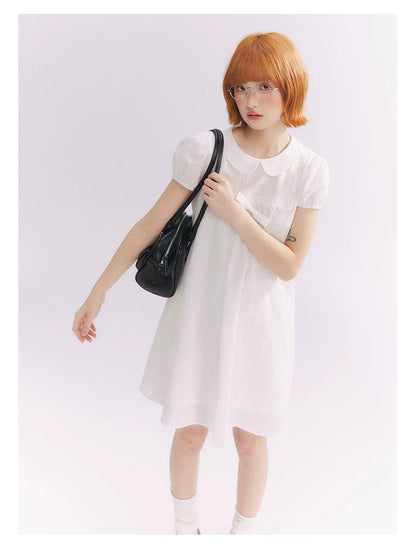 “Lace Sleep Song” White Embroidered Puff Sleeve Babydoll Dress
