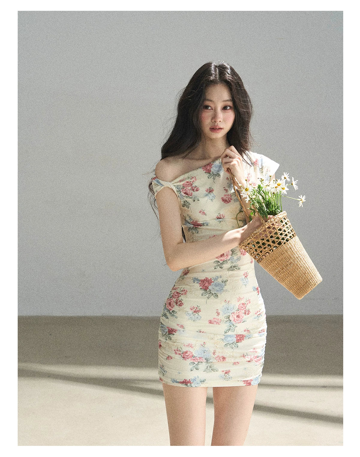 "Flowers & Sunlight" Dutch Cream Off-Shoulder Mesh Bodycon Mini Dress
