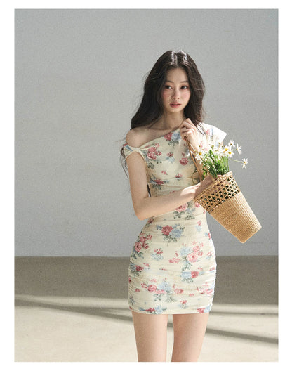 "Flowers & Sunlight" Dutch Cream Off-Shoulder Mesh Bodycon Mini Dress