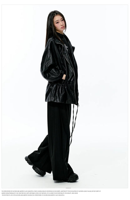 JN's DESIGN - Black Drawstring Faux Leather Jacket with Lace Back Detail