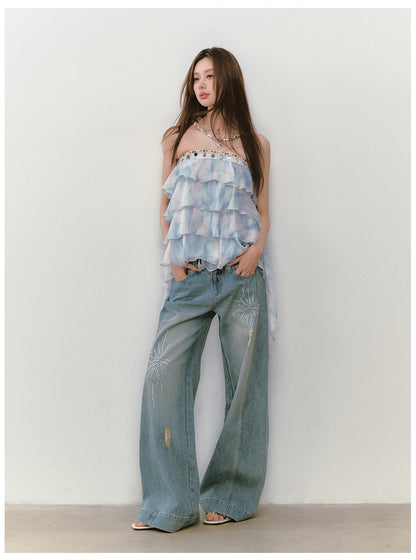 VIAPITTI - Firework Rhinestone Double-Waistband Jeans