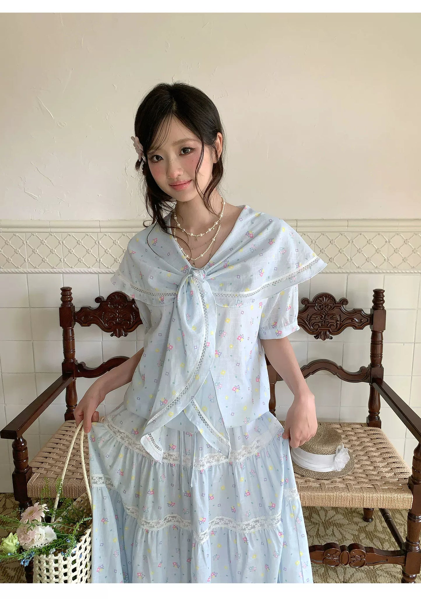 “Blue Blossom Chronicle” Ice Blue Floral Skirt Set