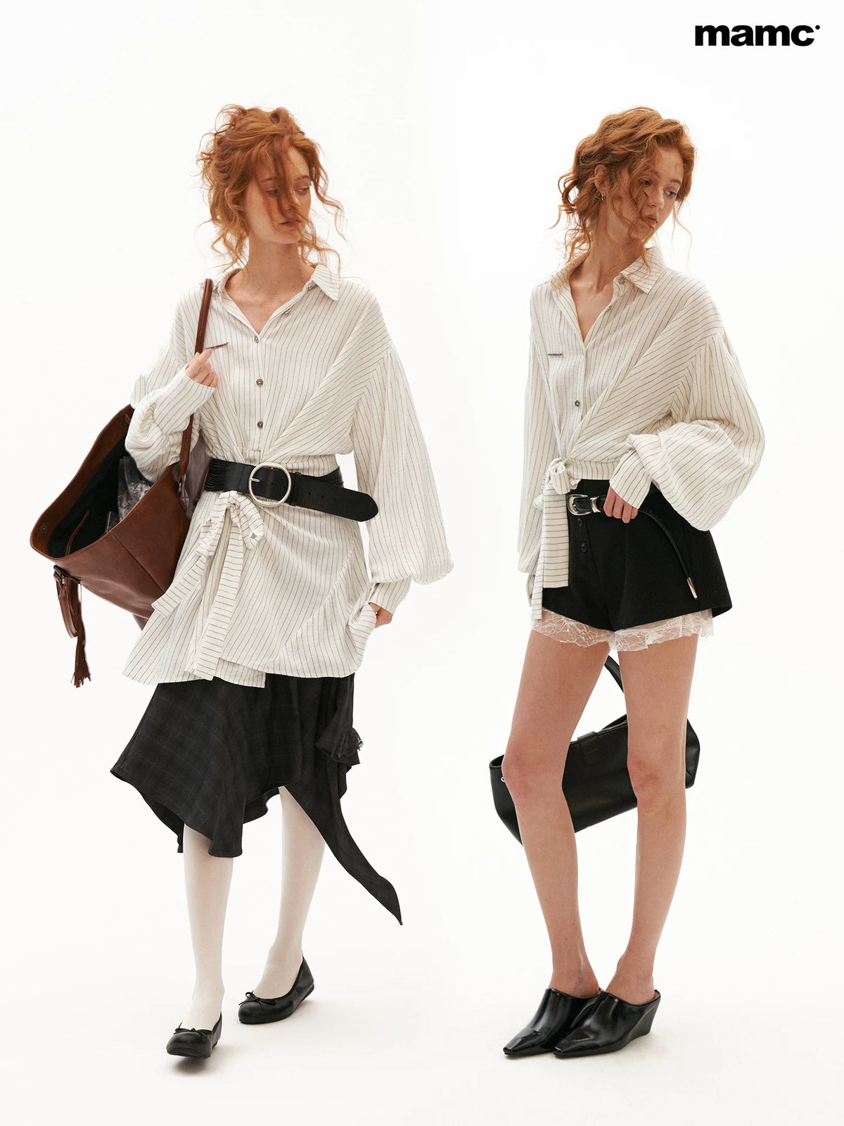 MAMC - White Striped Wrap Lantern-Sleeve Shirt