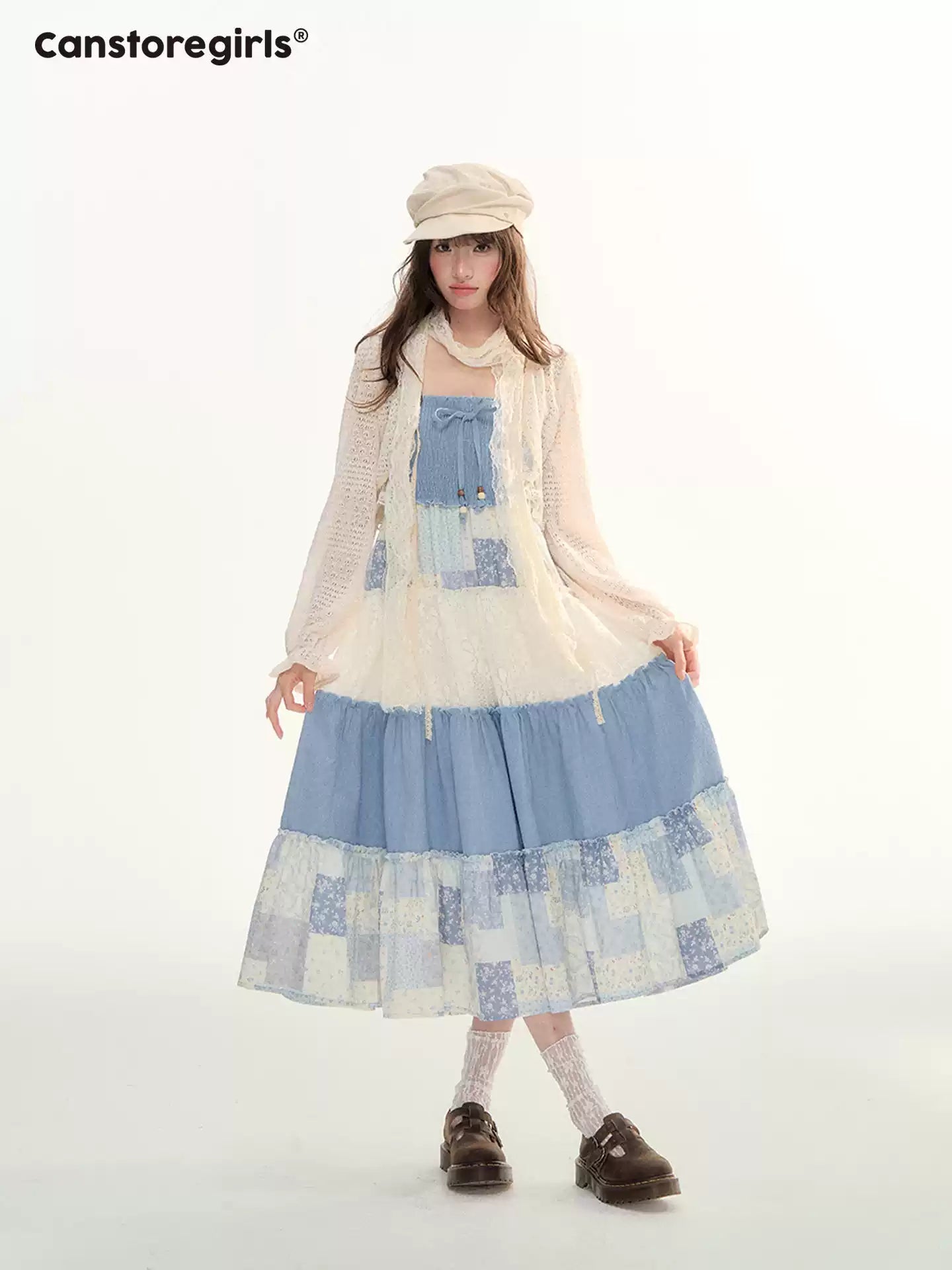 Blue Patchwork Tiered Smocked Dress LL2026106