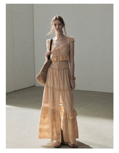 "Where May Meets the Sea" Cinnamon Pink Ruffle Tiered Maxi Dress