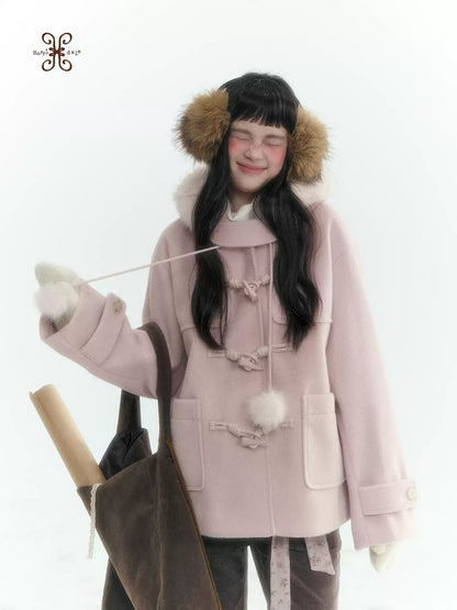 Horridale - Preppy Hooded Wool-Blend Duffle Coat with Pom-Pom Details – Mist Pink