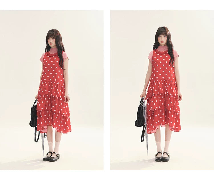 "Polka Dot Layers" Red Polka Dot Tiered A-Line Maxi Cami Dress