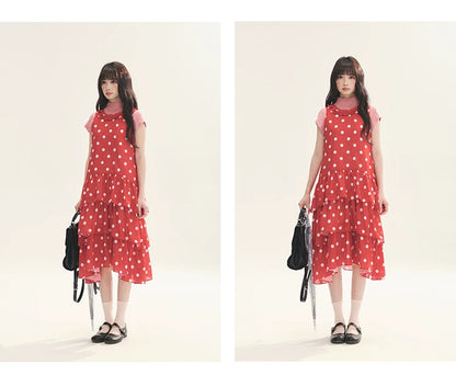 "Polka Dot Layers" Red Polka Dot Tiered A-Line Maxi Cami Dress