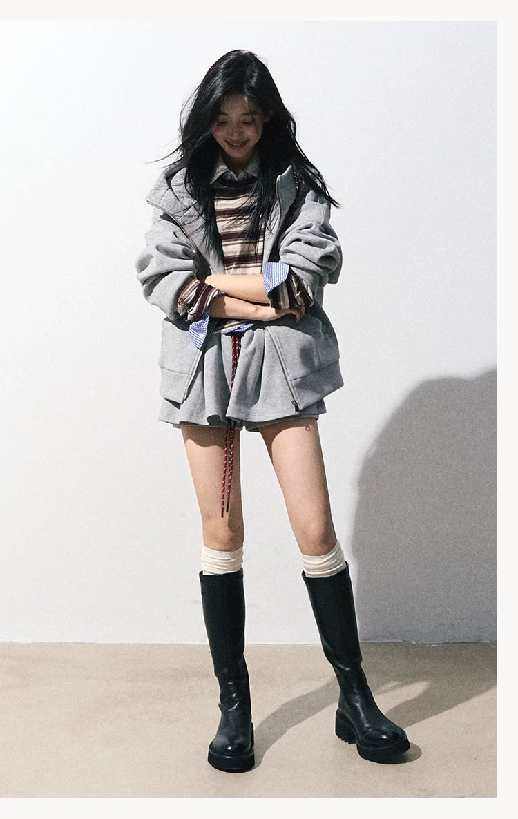 OAKMOO/ "A Trace of Self" Light Heather Gray Miu-Inspired Sporty Hoodie & Skirt Set
