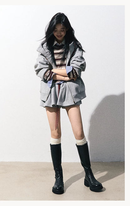 OAKMOO/ "A Trace of Self" Light Heather Gray Miu-Inspired Sporty Hoodie & Skirt Set
