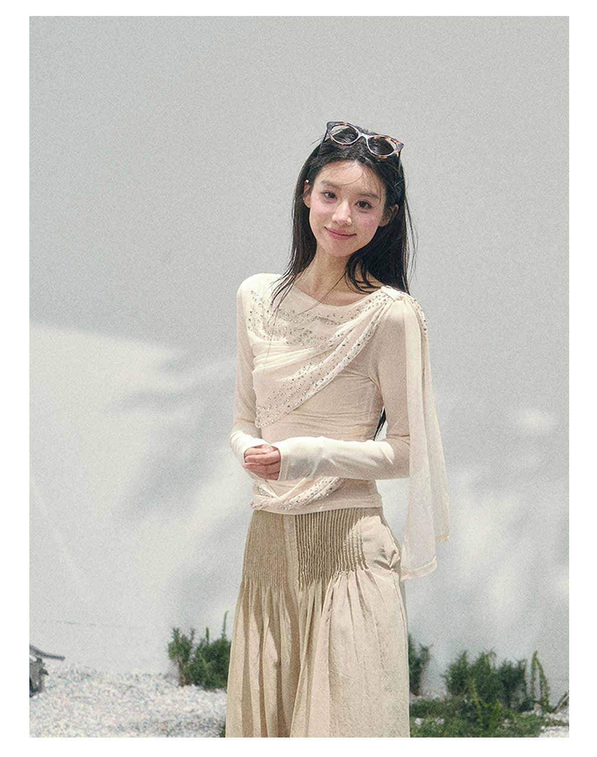 “Frosted Kiss” Milk Apricot Mesh Waist-Cinched Top