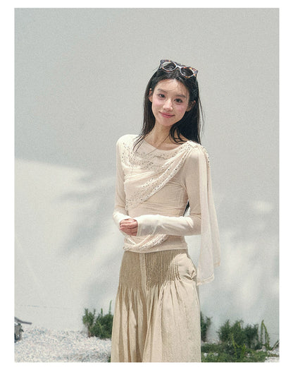 “Frosted Kiss” Milk Apricot Mesh Waist-Cinched Top