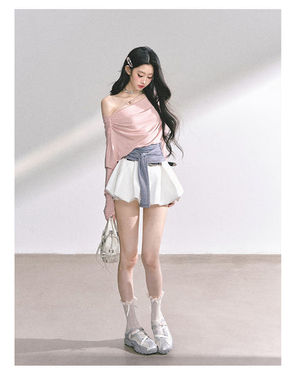 少也眼 "Soft & Sweet" Korean Asymmetric Off-Shoulder Cropped Spicy Girl Tee