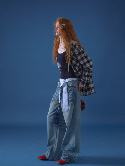 ASGONY - Retro Plaid Contrast Hoodie Shirt