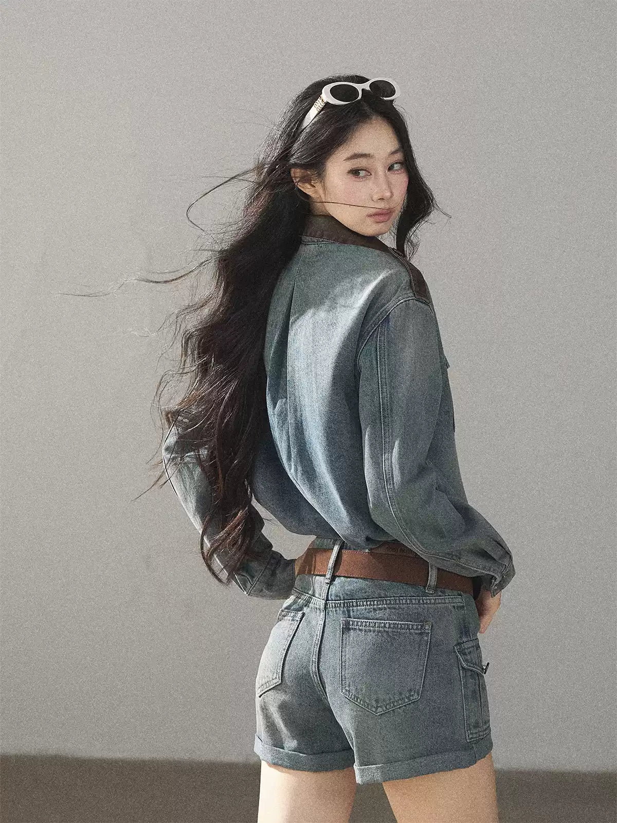 AOMALM - "Borrowed Sunshine" Vintage Blue Denim Commuter Set (Top + Shorts with Belt)