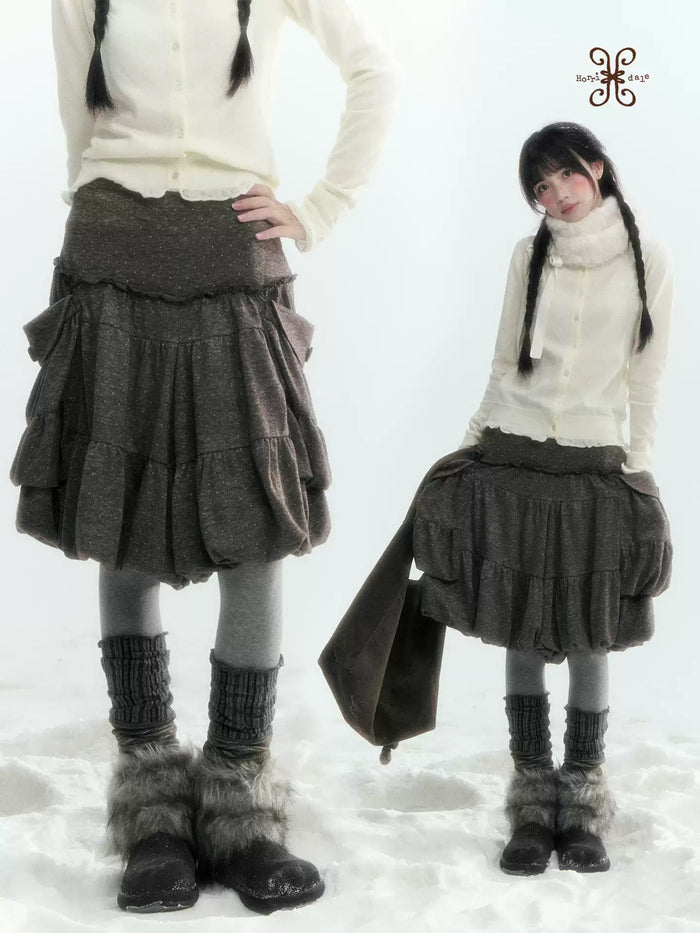 Horridale - Gray Brown Green Polka Dot Low-Rise Knit Bubble Skort
