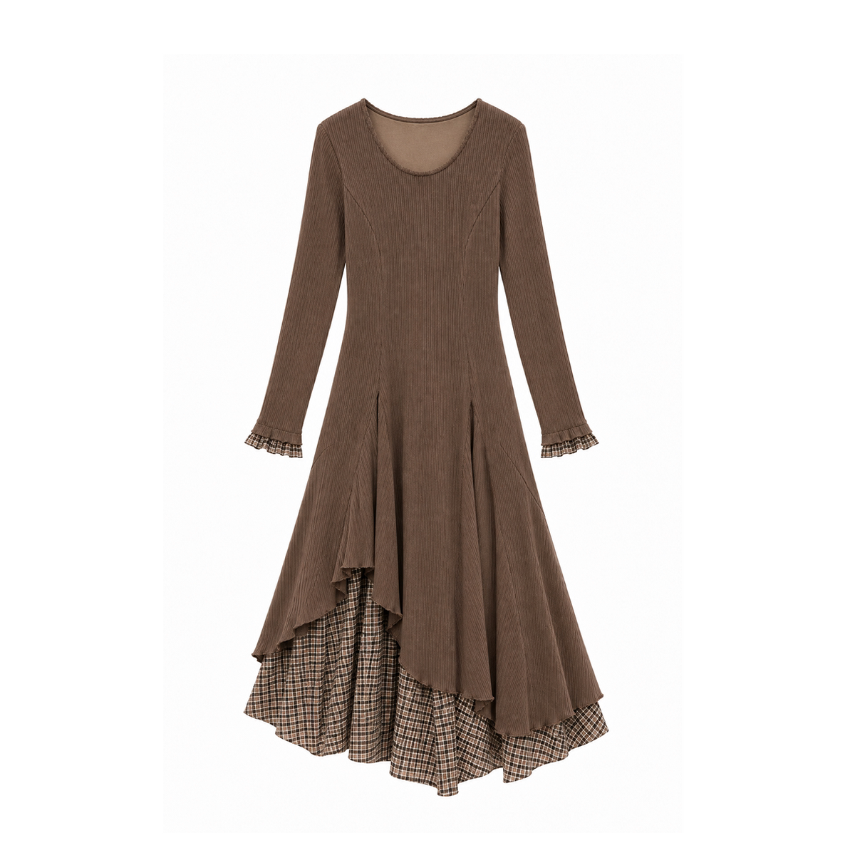 CAN - "Brownie Winterfield" Brown Plaid-Trim Ruched Knit Midi Dress