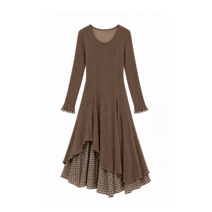 CAN - "Brownie Winterfield" Brown Plaid-Trim Ruched Knit Midi Dress