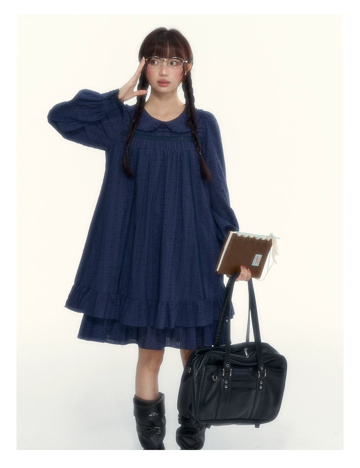 “Vintage Ribbon” Navy Peter Pan Collar Lace-Trimmed A-Line Dress