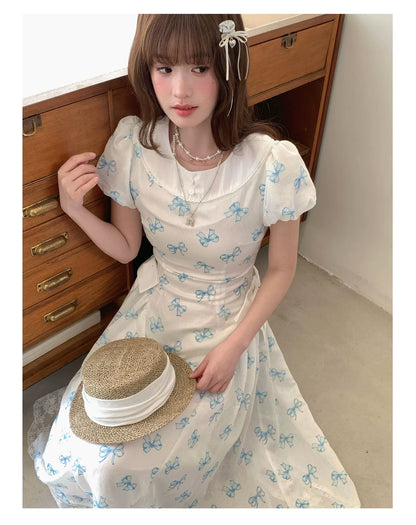 [RF] “Blue Butterfly Letter” Light Blue Floral Bow Midi Dress
