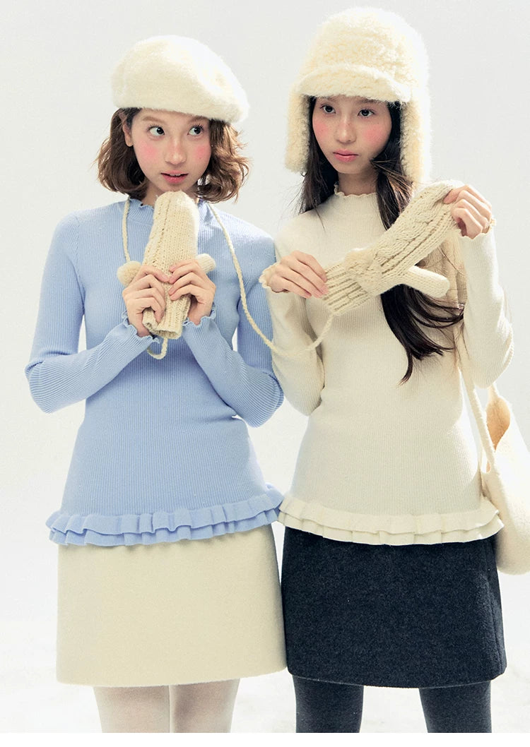 "Morning Mist" A-Line Wool-Blend Mini Skirt (Mist Gray/ Cream Beige)