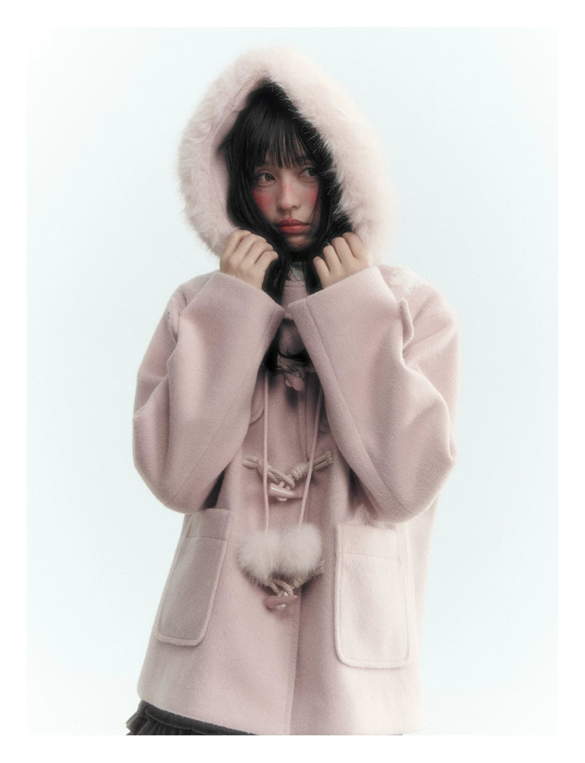 Horridale - Preppy Hooded Wool-Blend Duffle Coat with Pom-Pom Details – Mist Pink