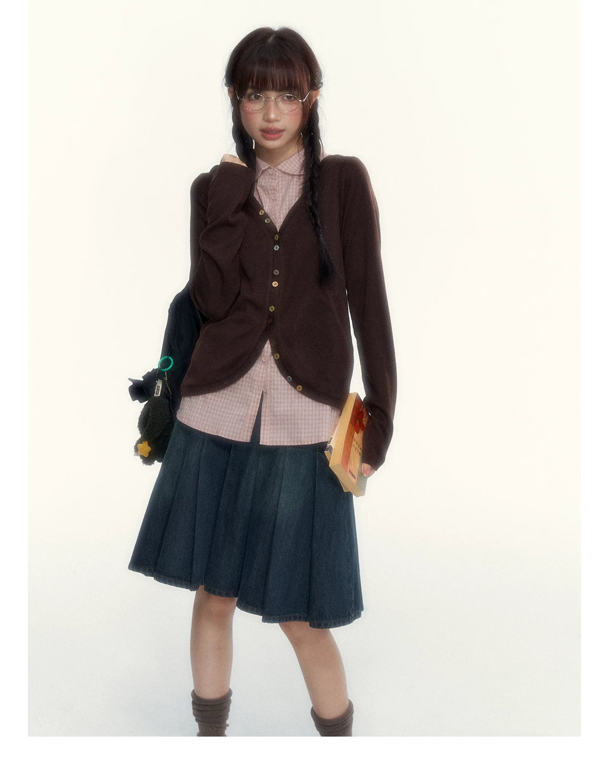 “Chestnut Book Knit” Red Brown Faux-Layered Colorful Button Cardigan
