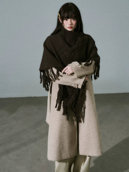 LOST FOREST - Wool-Blend Bow Graphic Fringe Cape Shawl (Coffee / Dark Gray)