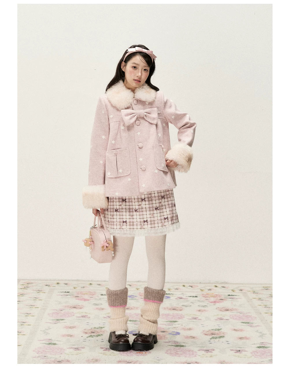 RF - Peach Pink Ombre Faux Fur Collar Wool-Look Jacket with Star Embroidery