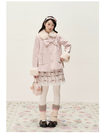RF - Peach Pink Ombre Faux Fur Collar Wool-Look Jacket with Star Embroidery