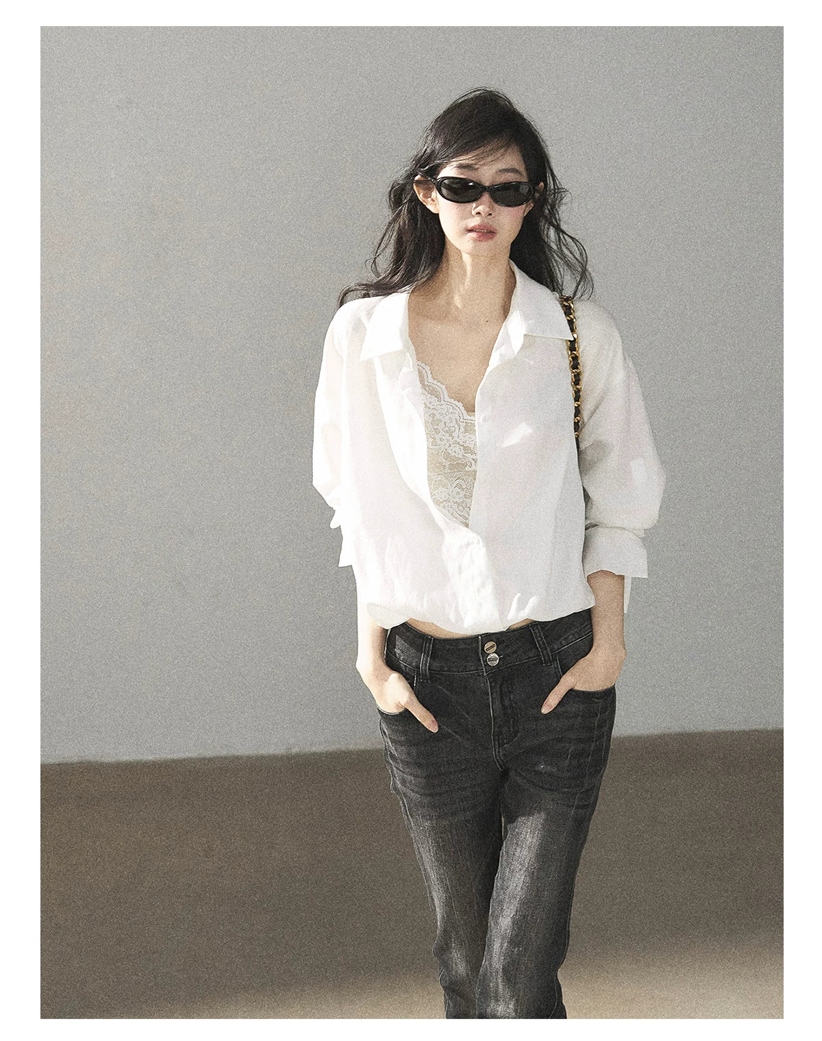 AOMALM - "Wandering Sunlight" Almond Beige Faux Two-Piece Lace Shirt Top