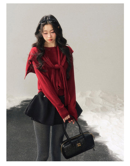 040126 "Orlane Academy" American Preppy Knit Top & Shawl Set - Angora Red