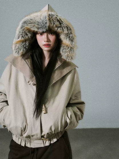LOST FOREST - Milk Tea Plaid-Panel Cotton Utility Jacket with Detachable Faux-Fur Collar