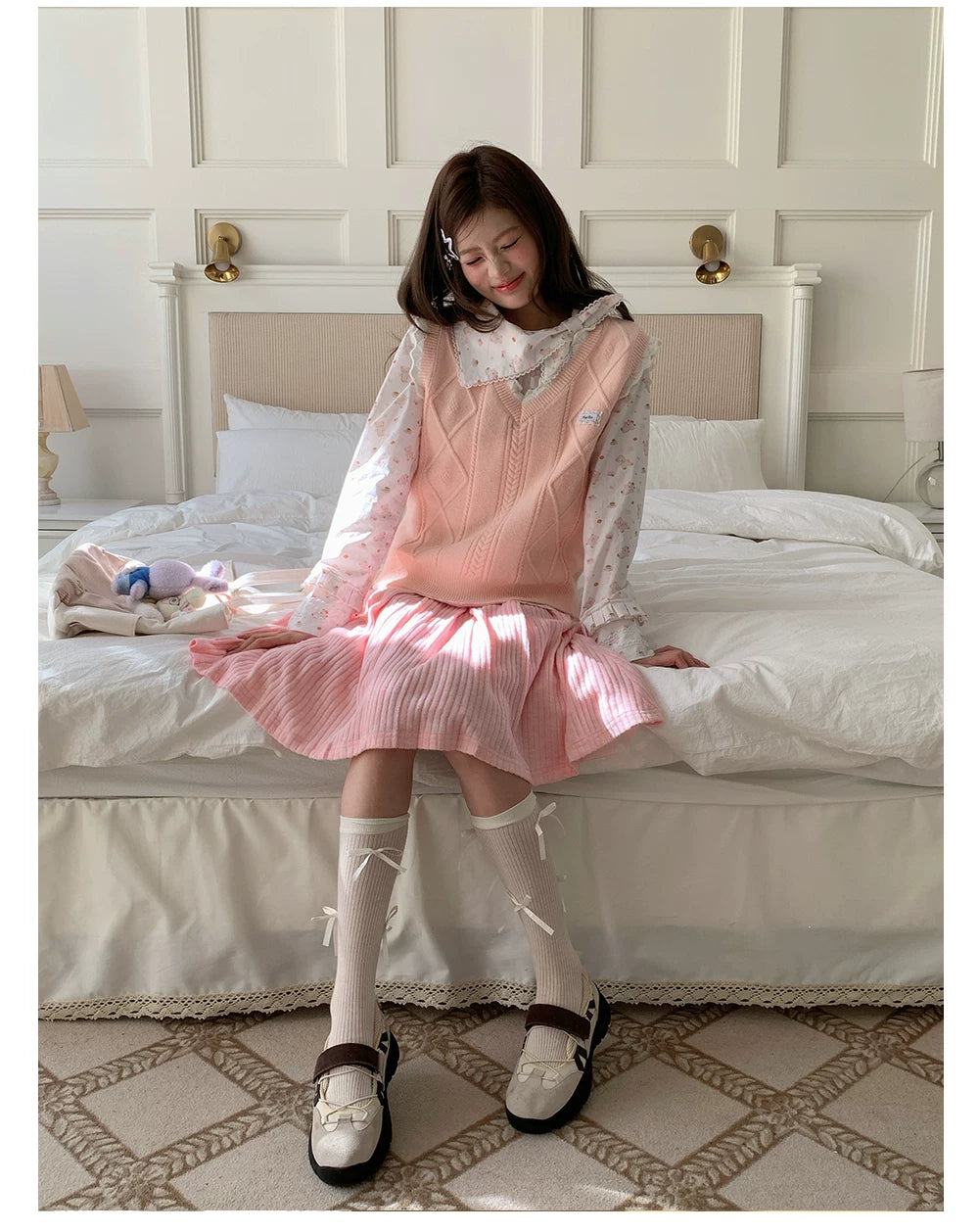 “Pudding Bear Letter” White Teddy Print Lace Blouse