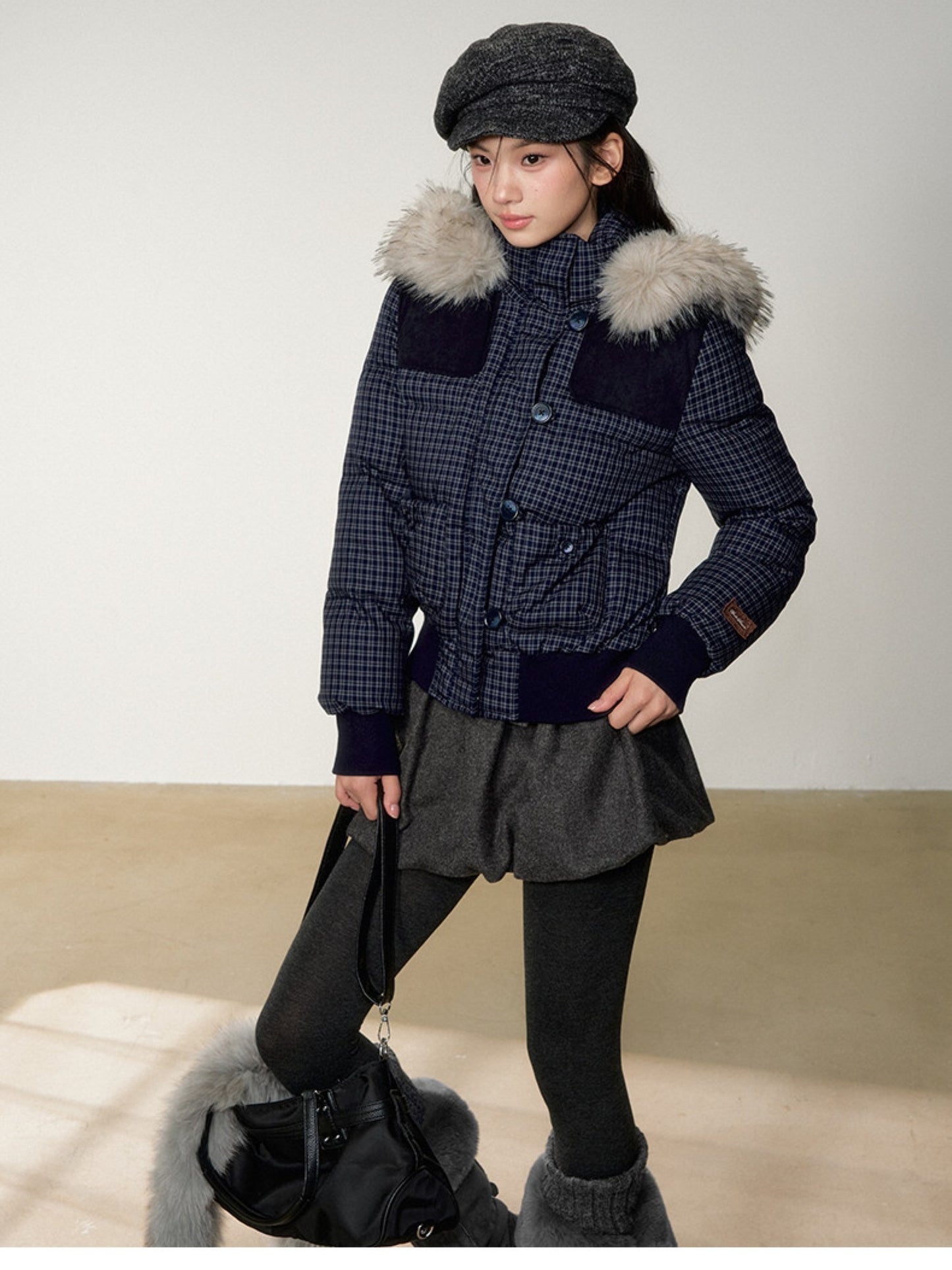 Soote Season - Navy Plaid Faux Fur Collar Cropped Hooded Down Jacket