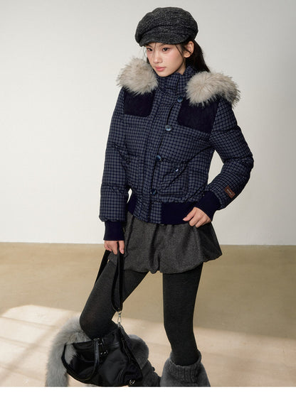 Soote Season - Navy Plaid Faux Fur Collar Cropped Hooded Down Jacket