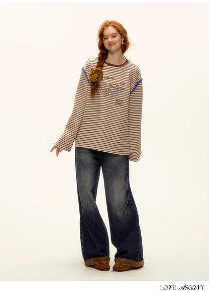 ASGONY - Striped Contrast Embroidered Shell Stitch T-Shirt