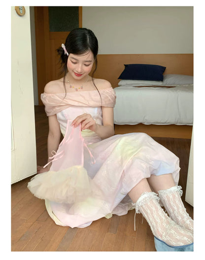 [RF] “Dreamlight Reverie” Pink Gradient Embroidered Off-Shoulder Maxi Dress