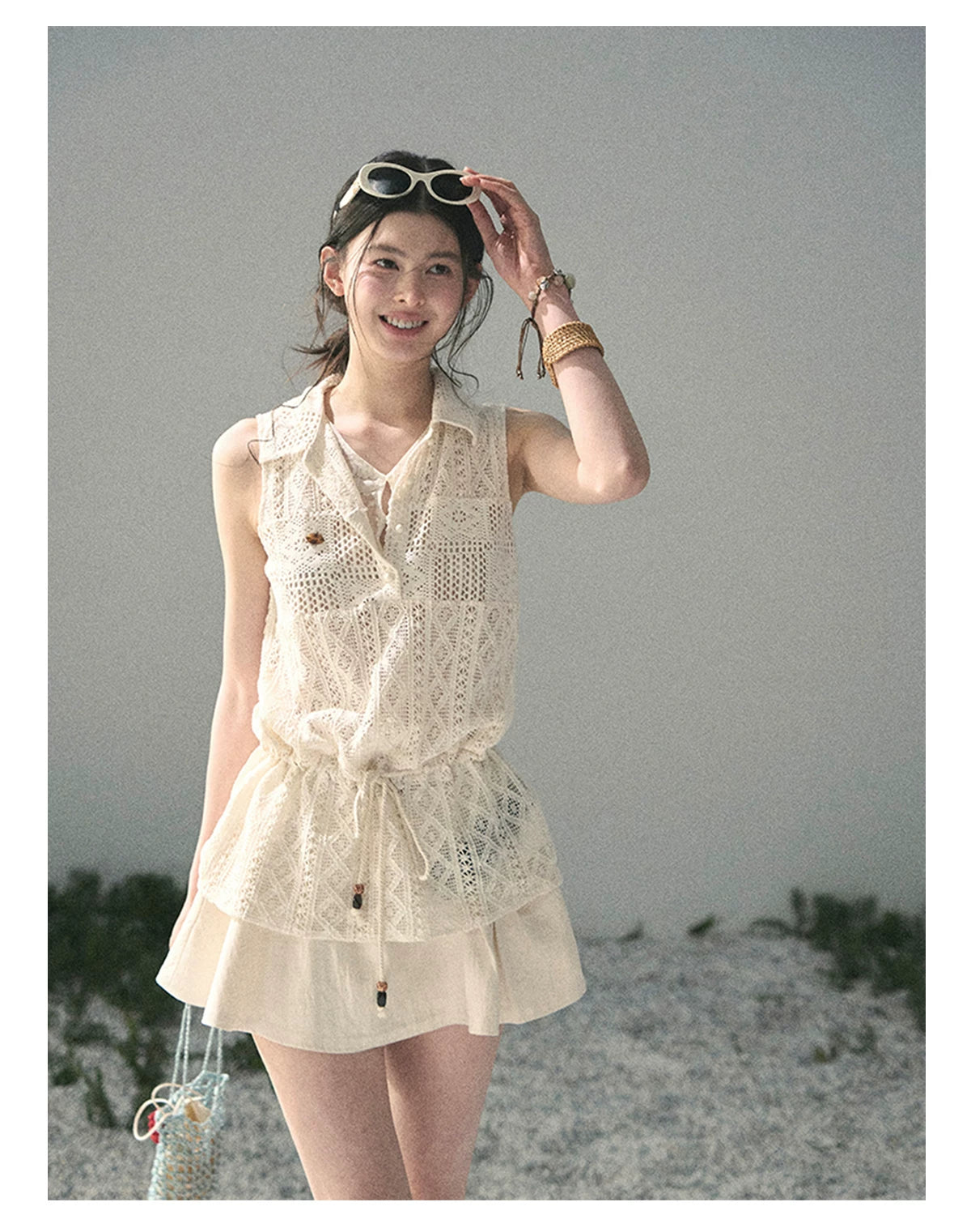 “Summer Breeze Kissing the Hem” Ivory Lace Layered Sleeveless Top