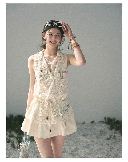 “Summer Breeze Kissing the Hem” Ivory Lace Layered Sleeveless Top