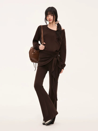 "Mocha Muse" Brown Lace Panel One-Shoulder Sweatshirt