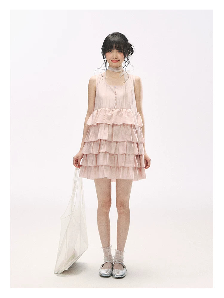 "Misty Pink Reverie" Petal Pink Lace Tie Tiered Sleeveless Dress