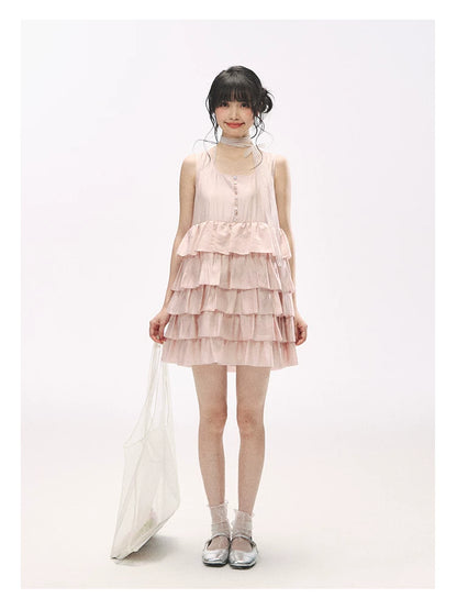 "Misty Pink Reverie" Petal Pink Lace Tie Tiered Sleeveless Dress
