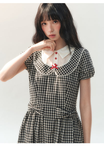 [CAN] "Black Cherry Check" Black Bow Doll Collar Dress