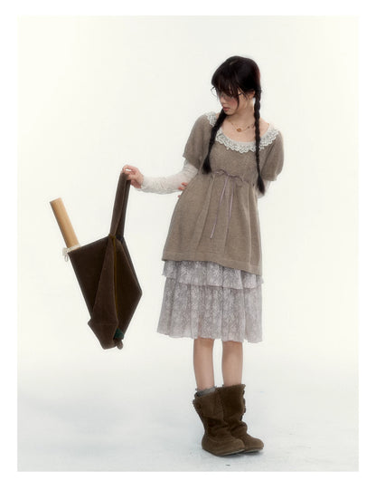 “Cloud Pleats” Chestnut Mist U-Neck Bow-Tie Puff Sleeve Knit Sweater